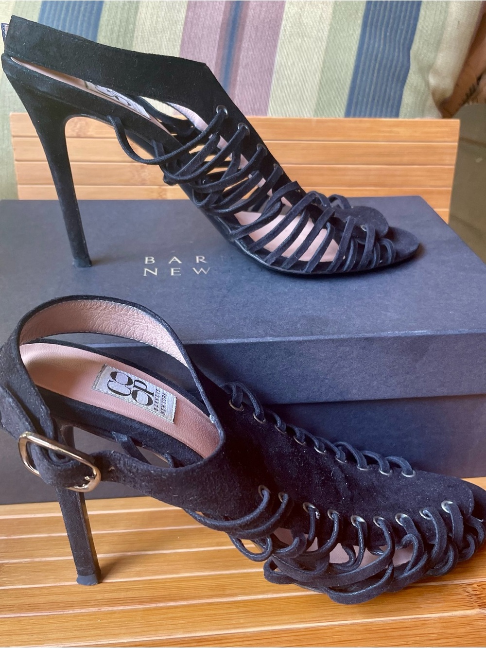 So sexy! 🖤 Barneys New York Black Suede Strappy Lace-Up Stiletto Sandals